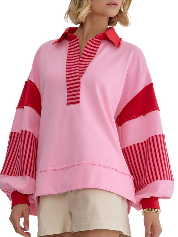 Women's Sweatshirt Oversized Polo Neck Striped Color blocking Top - K - 8 COLORS -