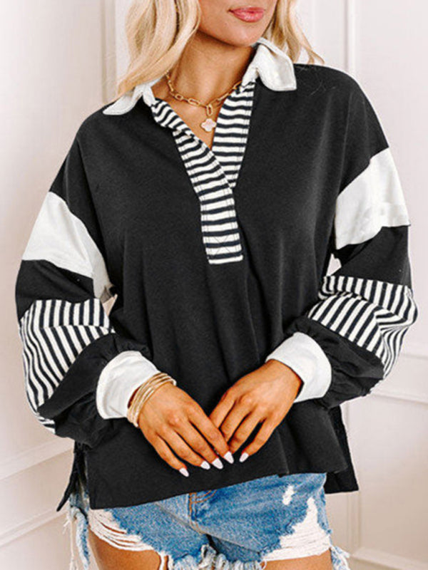 Women's Sweatshirt Oversized Polo Neck Striped Color blocking Top - K - 8 COLORS -