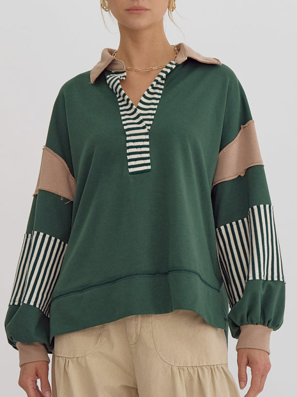 Women's Sweatshirt Oversized Polo Neck Striped Color blocking Top - K - 8 COLORS -