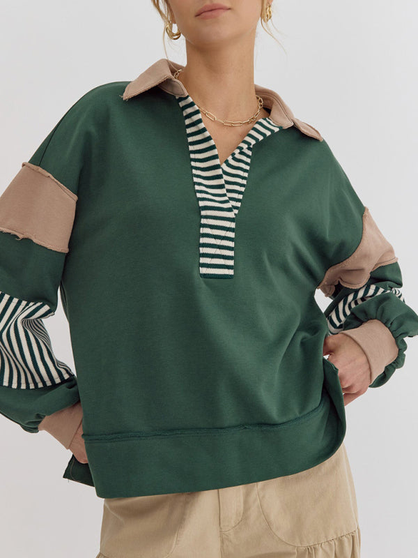 Women's Sweatshirt Oversized Polo Neck Striped Color blocking Top - K - 8 COLORS -