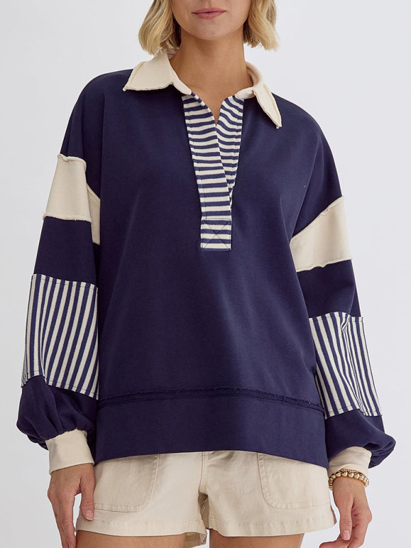 Women's Sweatshirt Oversized Polo Neck Striped Color blocking Top - K - 8 COLORS -