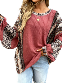 Thumbnail for Women Casual Shirt Clashing Stripes Round Neck Wrap Sleeve Loose Top - K - 2 COLORS -