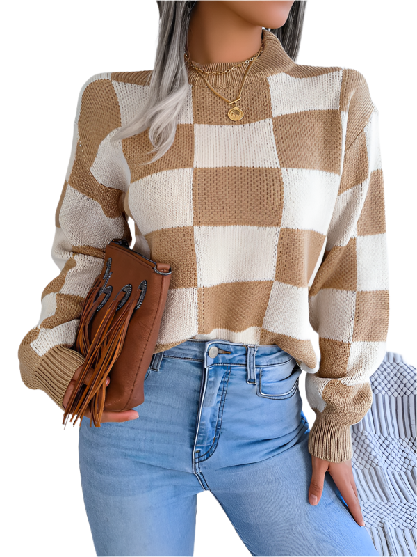 New street style color collision plaid long sleeve pullover knit sweater - K - 4 COLORS -