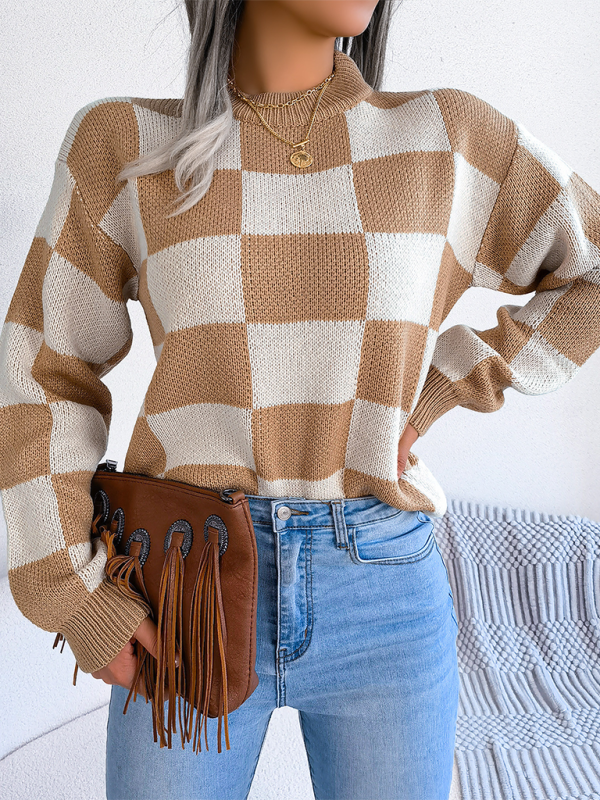 New street style color collision plaid long sleeve pullover knit sweater - K - 4 COLORS -