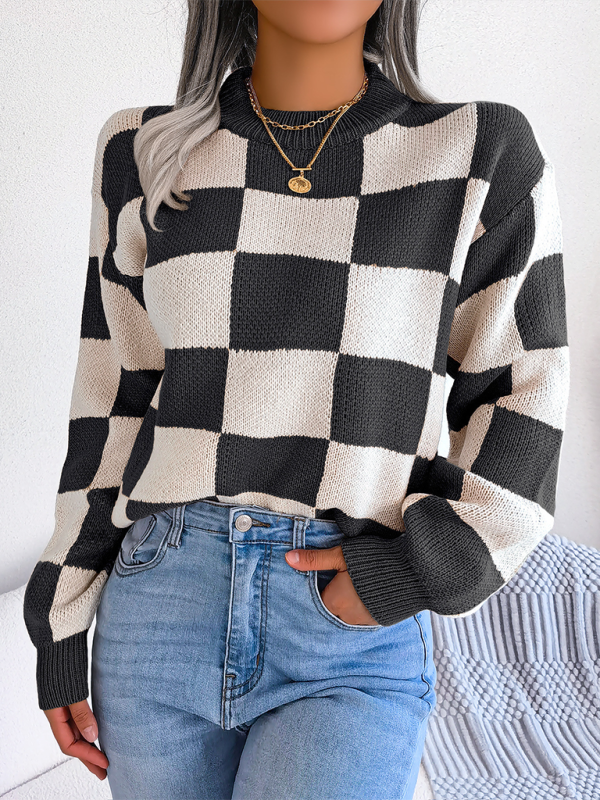 New street style color collision plaid long sleeve pullover knit sweater - K - 4 COLORS -