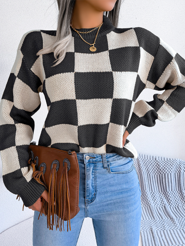 New street style color collision plaid long sleeve pullover knit sweater - K - 4 COLORS -