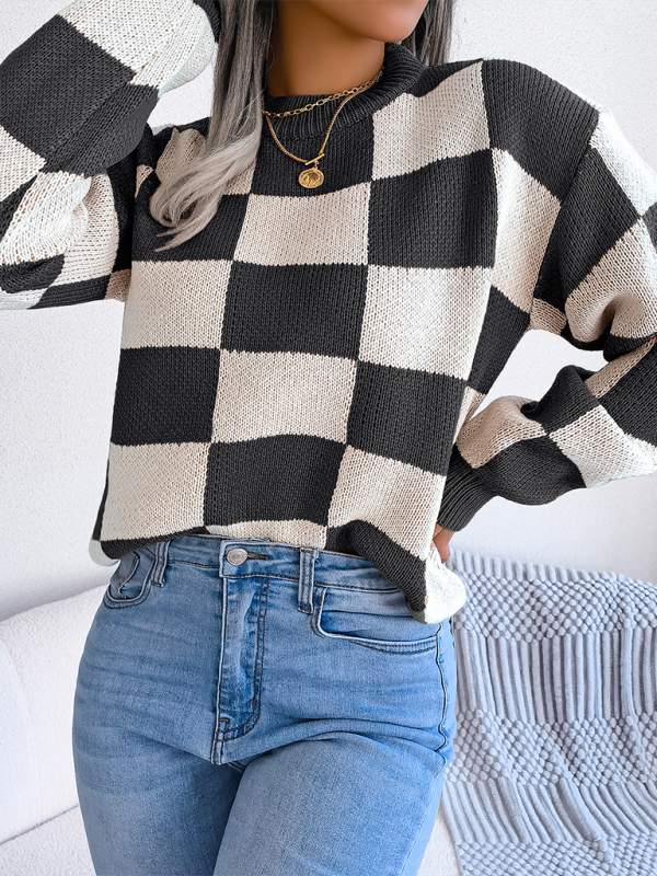 New street style color collision plaid long sleeve pullover knit sweater - K - 4 COLORS -