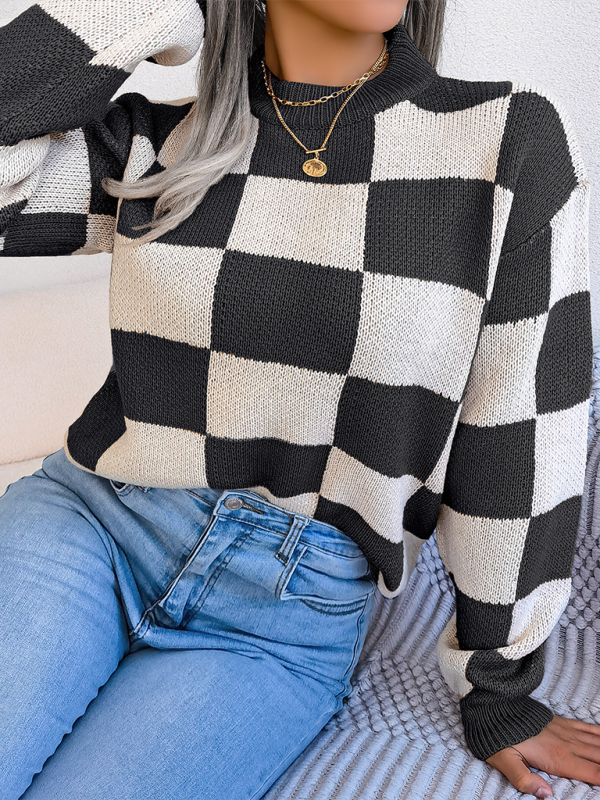 New street style color collision plaid long sleeve pullover knit sweater - K - 4 COLORS -