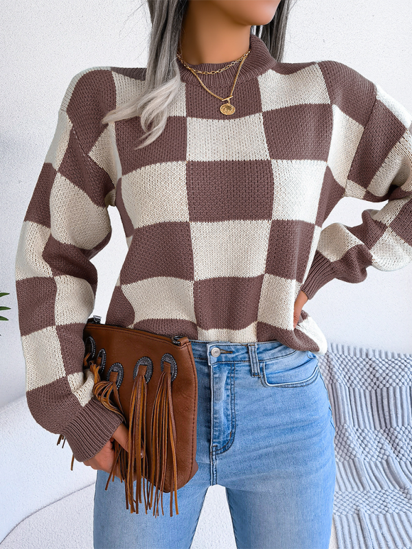 New street style color collision plaid long sleeve pullover knit sweater - K - 4 COLORS -