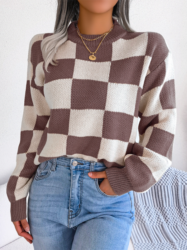 New street style color collision plaid long sleeve pullover knit sweater - K - 4 COLORS -