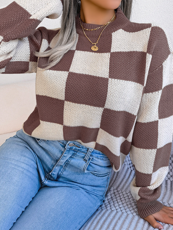 New street style color collision plaid long sleeve pullover knit sweater - K - 4 COLORS -