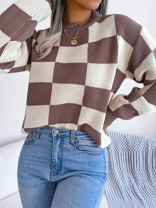 New street style color collision plaid long sleeve pullover knit sweater - K - 4 COLORS -