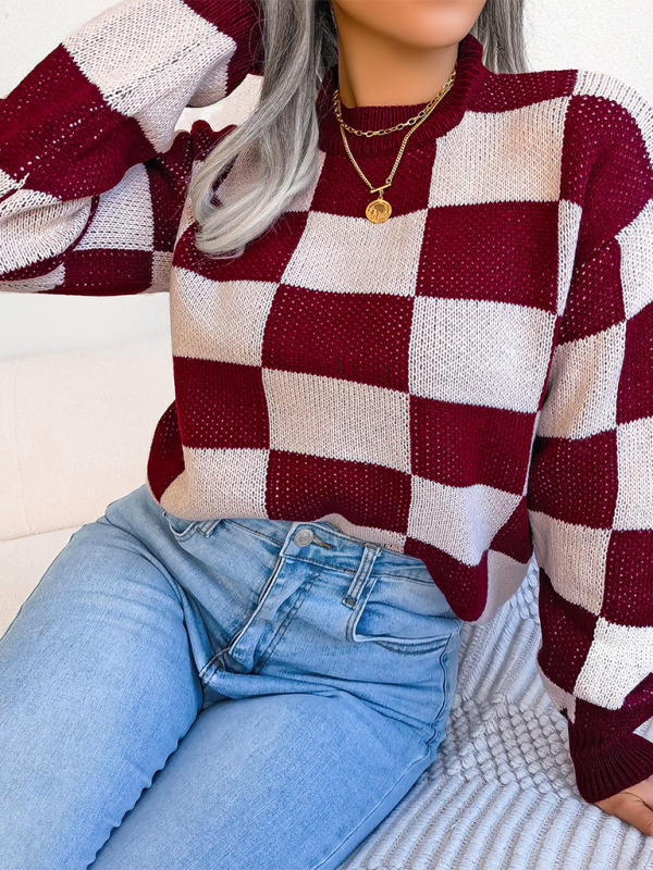 New street style color collision plaid long sleeve pullover knit sweater - K - 4 COLORS -