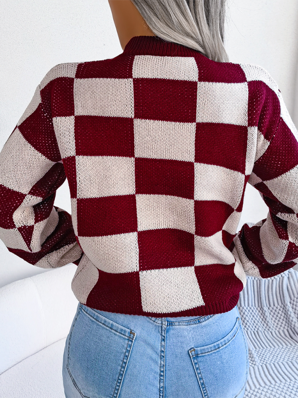 New street style color collision plaid long sleeve pullover knit sweater - K - 4 COLORS -