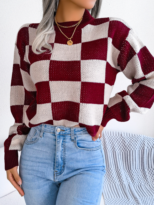 New street style color collision plaid long sleeve pullover knit sweater - K - 4 COLORS -