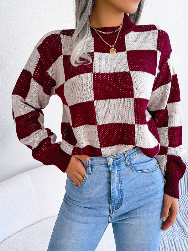 New street style color collision plaid long sleeve pullover knit sweater - K - 4 COLORS -