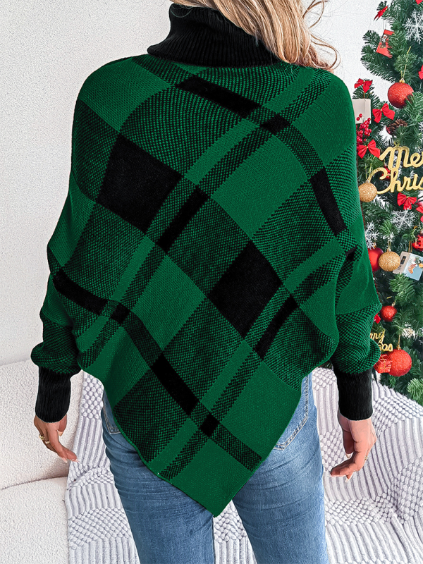 Christmas Casual Contrast Plaid Turtleneck Long Sleeve Poncho Sweater - K - 2 COLORS -