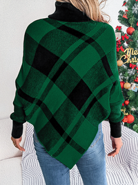 Thumbnail for Christmas Casual Contrast Plaid Turtleneck Long Sleeve Poncho Sweater - K - 2 COLORS -