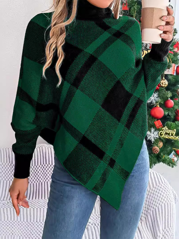 Christmas Casual Contrast Plaid Turtleneck Long Sleeve Poncho Sweater - K - 2 COLORS -