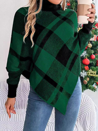 Thumbnail for Christmas Casual Contrast Plaid Turtleneck Long Sleeve Poncho Sweater - K - 2 COLORS -