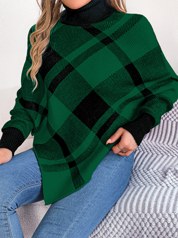 Christmas Casual Contrast Plaid Turtleneck Long Sleeve Poncho Sweater - K - 2 COLORS -