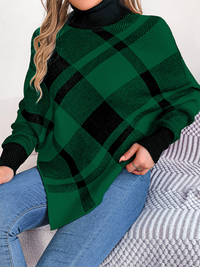 Thumbnail for Christmas Casual Contrast Plaid Turtleneck Long Sleeve Poncho Sweater - K - 2 COLORS -