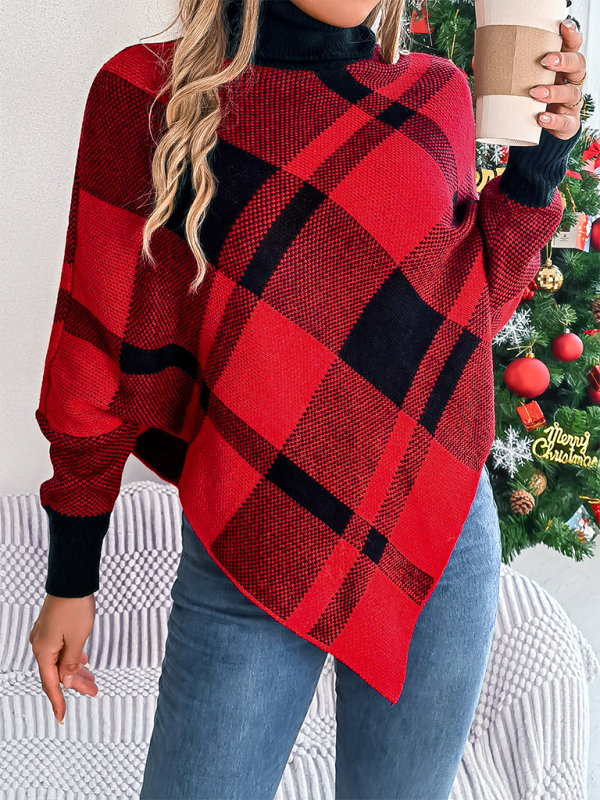 Christmas Casual Contrast Plaid Turtleneck Long Sleeve Poncho Sweater - K - 2 COLORS -