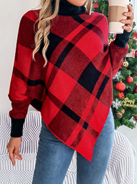 Thumbnail for Christmas Casual Contrast Plaid Turtleneck Long Sleeve Poncho Sweater - K - 2 COLORS -