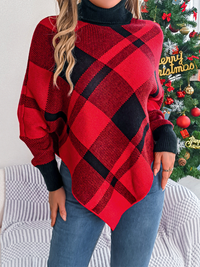 Thumbnail for Christmas Casual Contrast Plaid Turtleneck Long Sleeve Poncho Sweater - K - 2 COLORS -