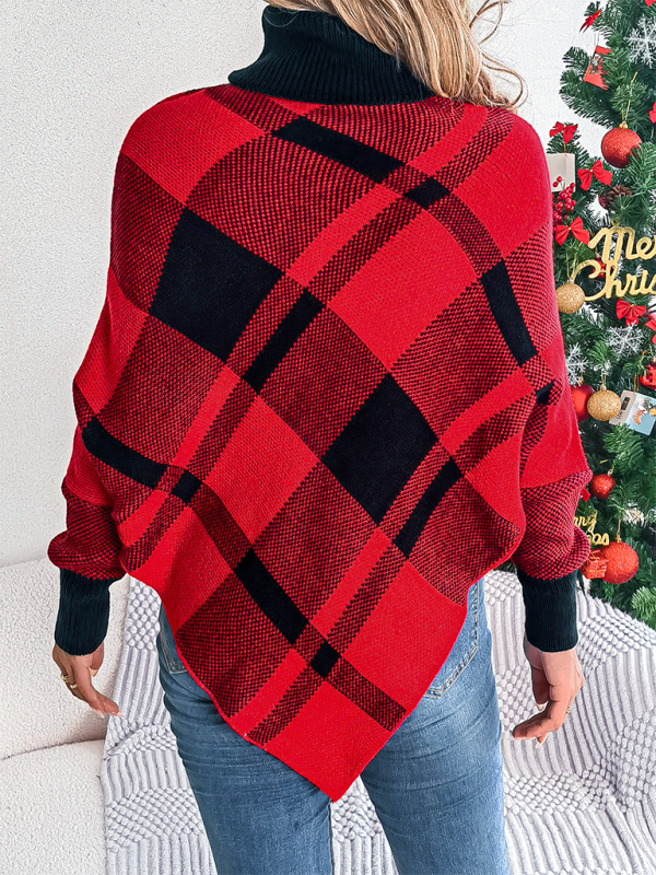 Christmas Casual Contrast Plaid Turtleneck Long Sleeve Poncho Sweater - K - 2 COLORS -