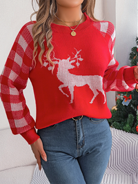 Thumbnail for Casual Plaid Deer Long Sleeve Pullover Sweater Christmas - K - 3 COLORS -