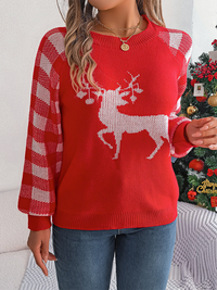 Thumbnail for Casual Plaid Deer Long Sleeve Pullover Sweater Christmas - K - 3 COLORS -