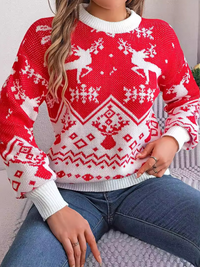 Thumbnail for Casual Deer Pattern Long Sleeve Pullover Christmas sweater - K - 2 COLORS -