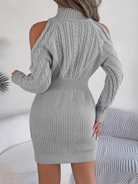 Thumbnail for Casual Off-the-shoulder Turtleneck Braided Lantern Sleeve Hip Sweater Dress - PAIR ME WITH LEGGINGS! - K - 3 COLORS -