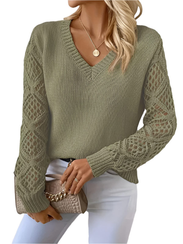 Women's Temperament V-neck Hollow Long Sleeve Solid Color Casual Top - K - 8 COLORS -