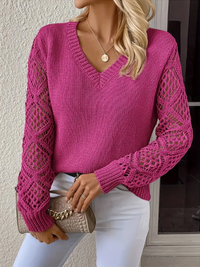 Thumbnail for Women's Temperament V-neck Hollow Long Sleeve Solid Color Casual Top - K - 8 COLORS -