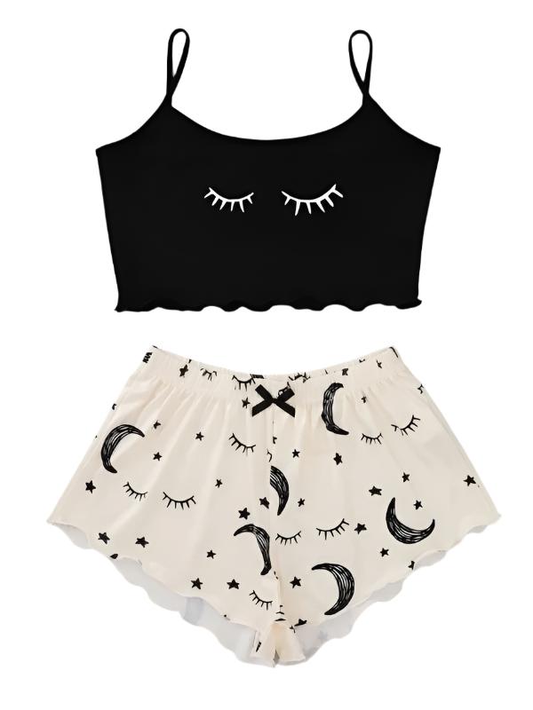 Eyelash Print Camisole Top Star Moon Shorts Loungewear Set - 2 PCS. - K - 1 COLOR -