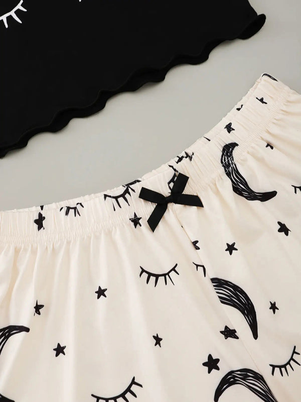 Eyelash Print Camisole Top Star Moon Shorts Loungewear Set - 2 PCS. - K - 1 COLOR -