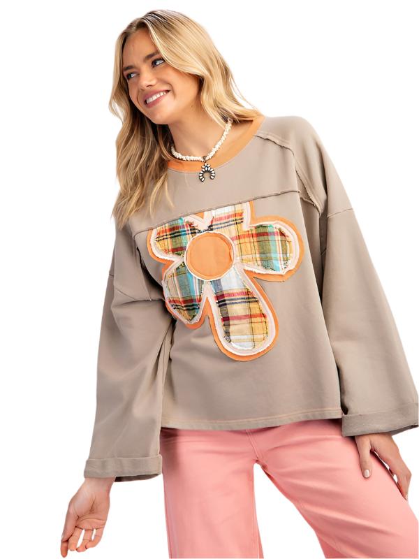 Women's Colorblock Floral Patch Top Casual Loose Sweatshirt - K - 3 COLORS -