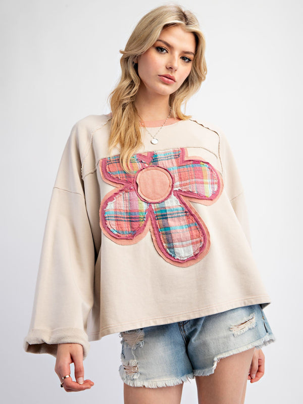 Women's Colorblock Floral Patch Top Casual Loose Sweatshirt - K - 3 COLORS -