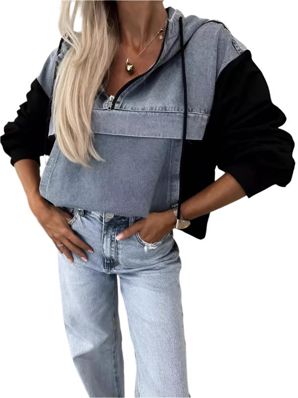 Fashion Loose Casual Washed Denim Stitching Hooded Women's Sweatshirt - K - 3 COLORS -