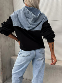 Thumbnail for Fashion Loose Casual Washed Denim Stitching Hooded Women's Sweatshirt - K - 3 COLORS -