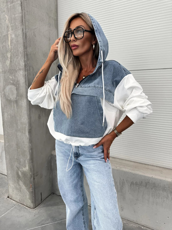 Fashion Loose Casual Washed Denim Stitching Hooded Women's Sweatshirt - K - 3 COLORS -