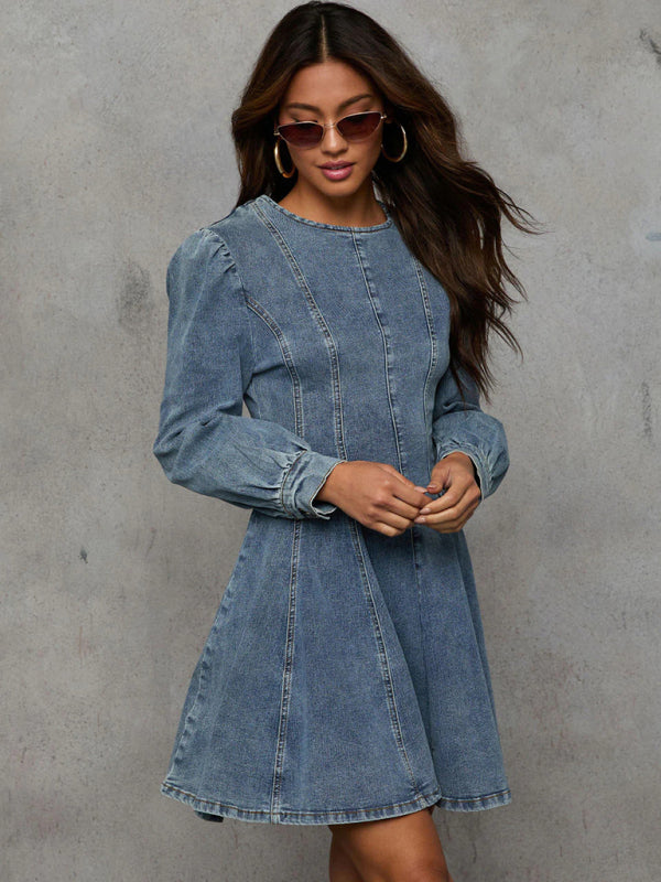 Fashion casual patchwork waist women's denim long sleeve dress - K - 2 COLORS -