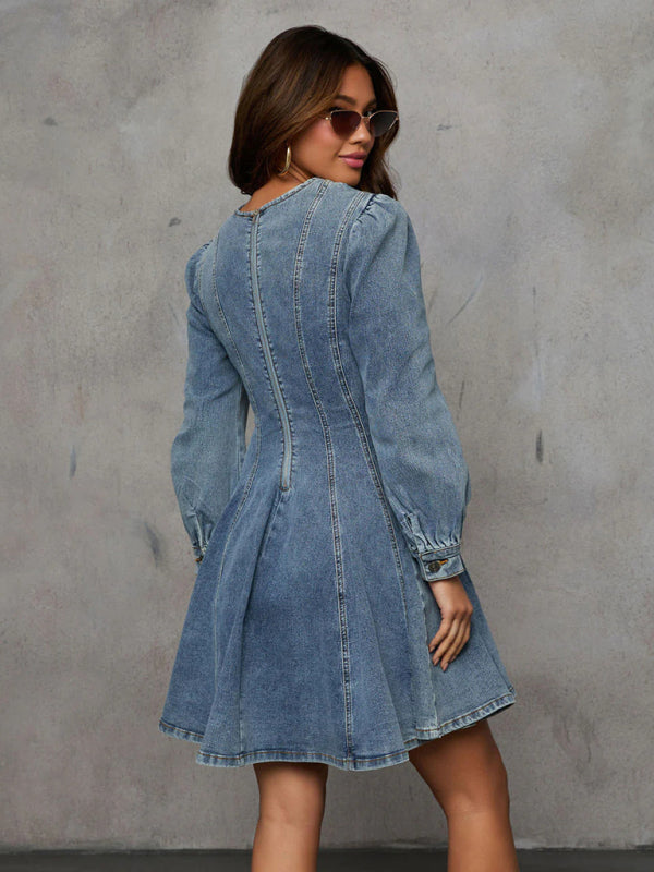 Fashion casual patchwork waist women's denim long sleeve dress - K - 2 COLORS -