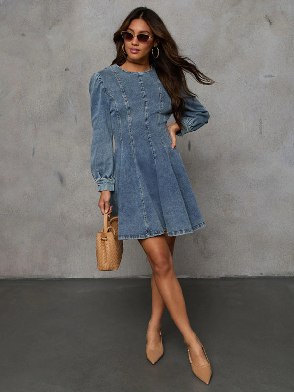 Fashion casual patchwork waist women's denim long sleeve dress - K - 2 COLORS -