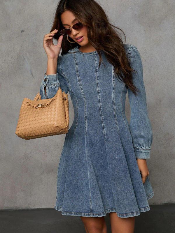 Fashion casual patchwork waist women's denim long sleeve dress - K - 2 COLORS -