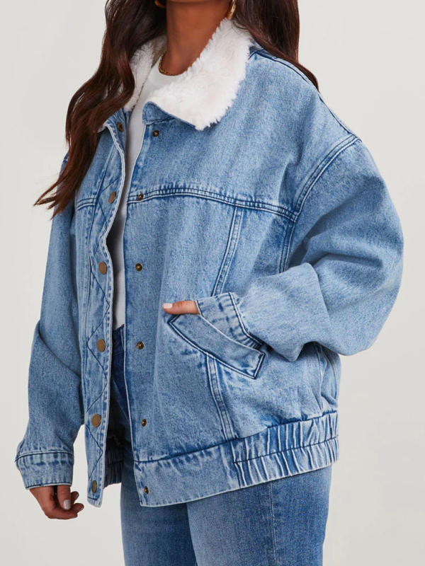 Autumn and Winter Jacket Denim Cotton Loose Fur Collar Large Lapel Double Pocket Quilted Jacket/Coat - K - 1 COLOR -