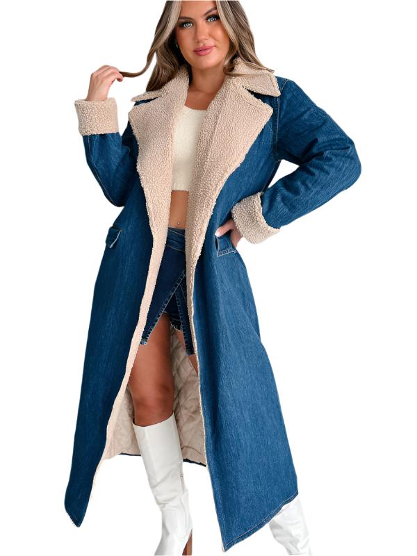 Women's Coat fuzzy Lapel Quilted Cotton Lined Lace-up Double Pocket Denim Long coat - K - 1 COLOR -