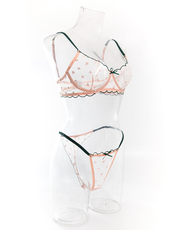 Sexy bra set with playing card pattern embroidery, transparent lace, underwire, gathered Underwear set - K - 1 COLOR -